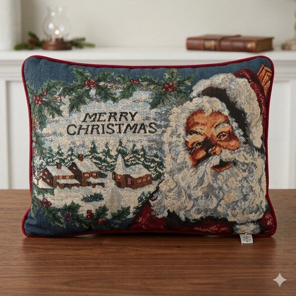 Merry Christmas Santa Claus Tapestry Throw Pillow Burgundy 16x11 Holiday Decor‎